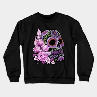 Pink Floral Black Sugar Skull Day Of The Dead Crewneck Sweatshirt